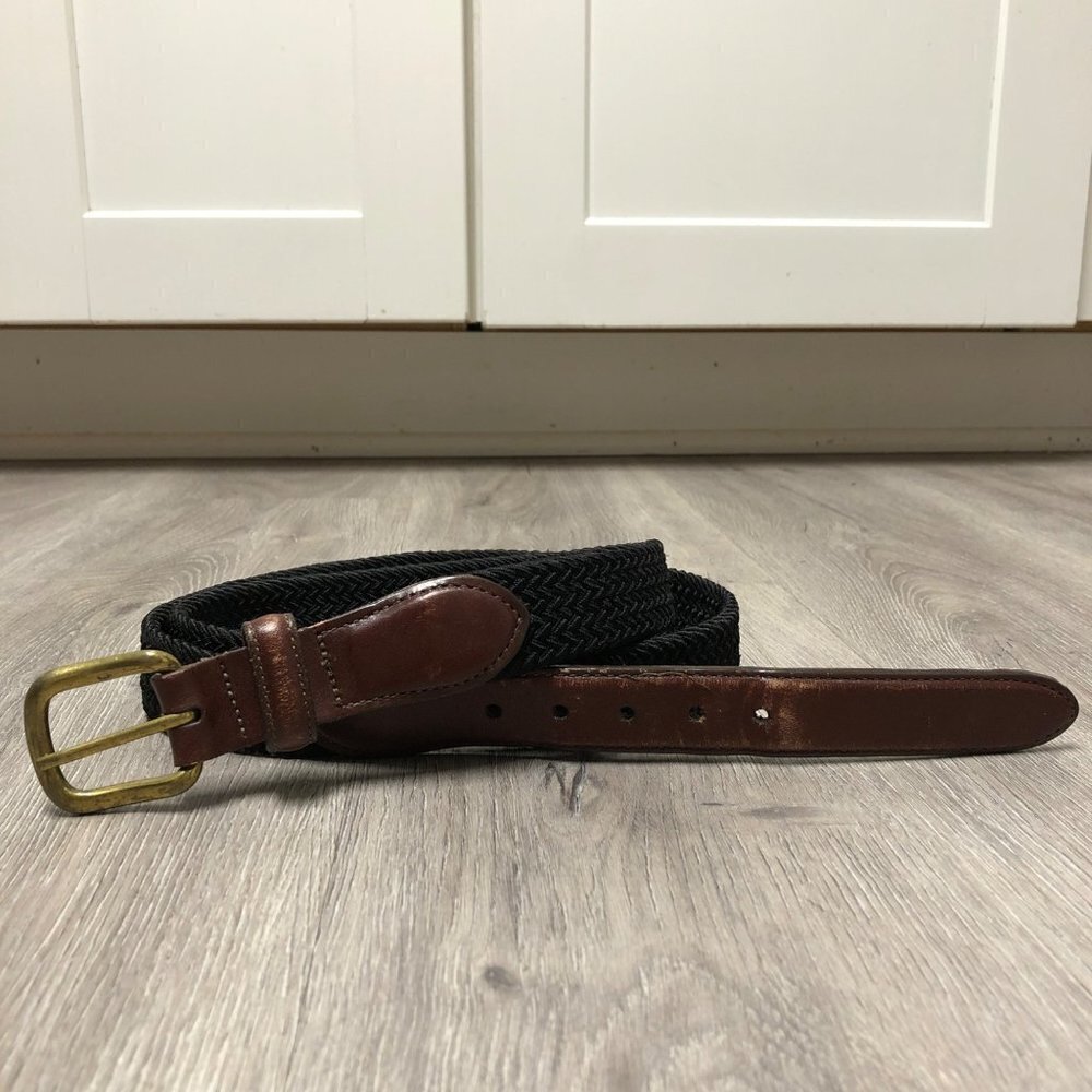 L.L. Bean Vintage Belt Leather and Woven Fisherman Style Belt Brass Buckle